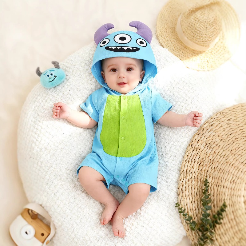 Cotton Baby Onesies Zipper - Baby Blauwe Monster Romper met Korte