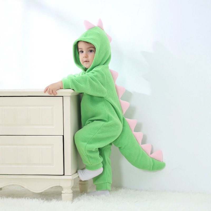 Cotton Baby Onesies Zipper - Groene dinosaurus romper met capuchon voor