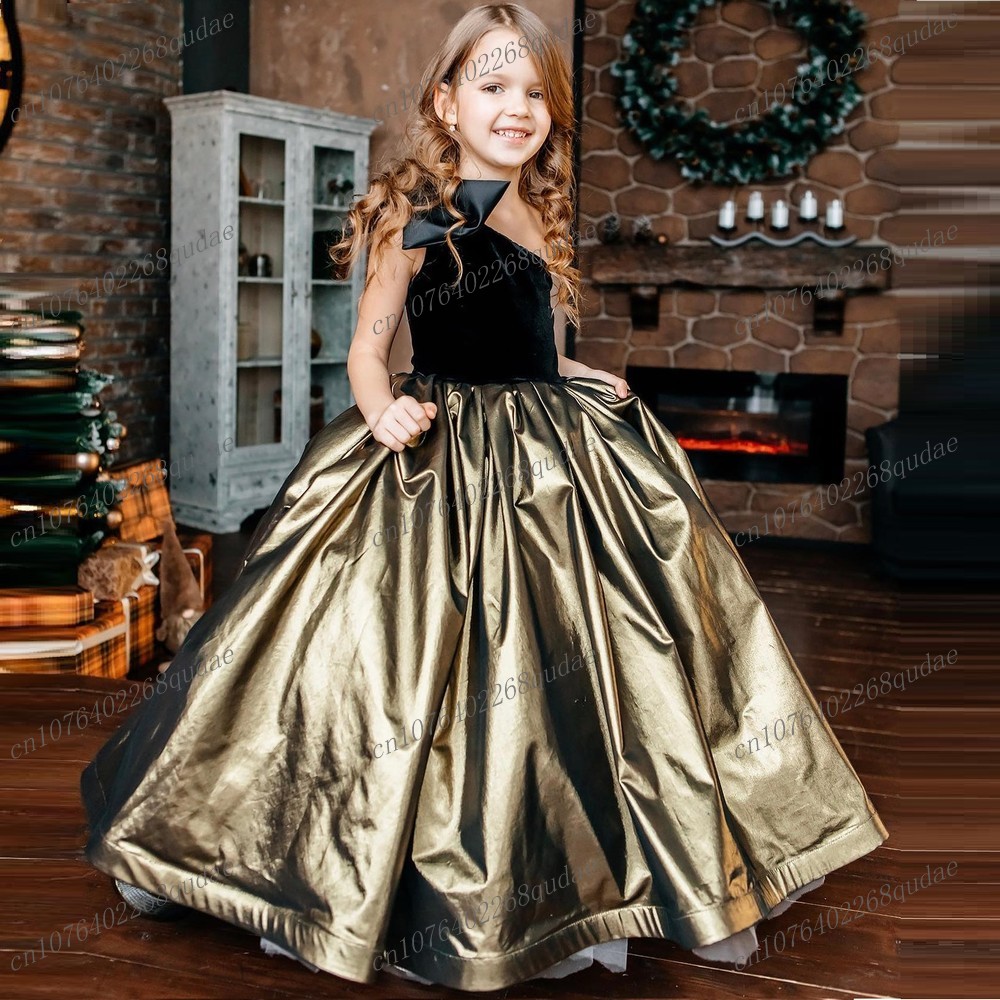 Toddler Girl Tulle Party Dress - Nieuwe zwarte en gouden satijnen bloemenmeisjesjurken