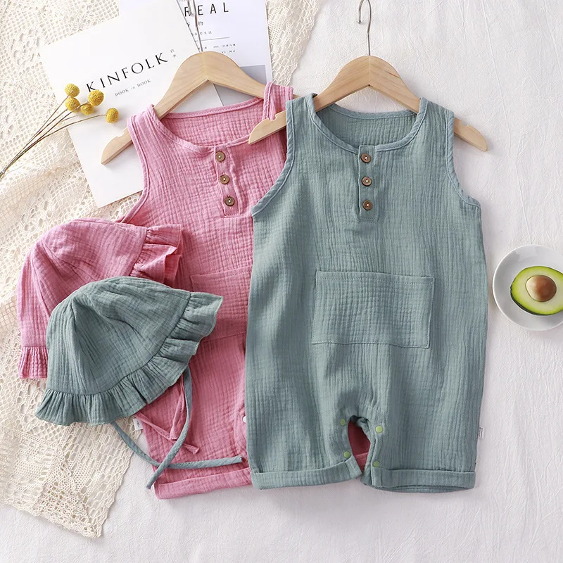 2 stks/set baby zomerkleding e - Baby Summer Linen Sleeveless Jumpsuit recensie en prijs